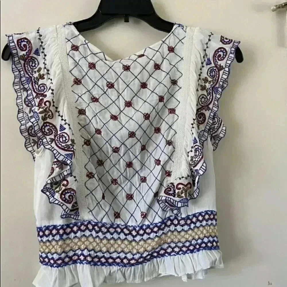 Free People- White Holland Park Beaded Blouse